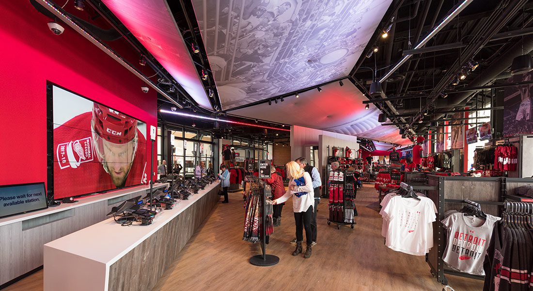 The retail design at the Detroit Pistons & Detroit Red Wings Team Store.